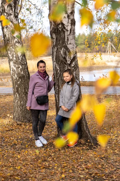 Mutter Und Tochter Beim Spaziergang Herbstpark Vertikales Foto — Stockfoto