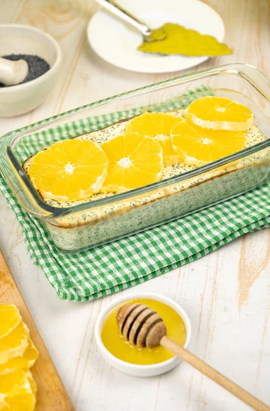 Gesundes Dessert Käsekuchen Mit Mohn Und Orangen — Stockfoto