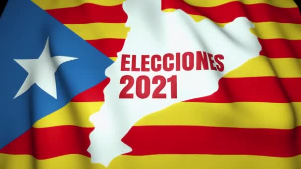 西班牙地方选举概念 2021年选举 西班牙语文本 加泰罗尼亚在背景上飘扬国旗 — 图库视频影像