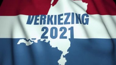 Hollanda 'da seçim kavramı. Flamanca 2021 seçim metni. Arka planda Hollanda bayrağı sallıyor.