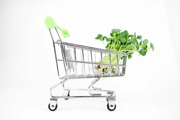 Frisches Öko Landwirtschafts Grünlieferkonzept Junge Microgreens Einkaufswagen Auf Weißem Hintergrund — Stockfoto