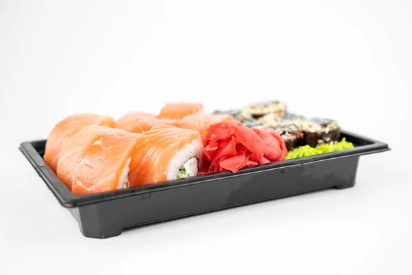 Take Away Sushi Plastic Containers Philadelphia Rolls Unagi Maki Soy — Stock Photo, Image