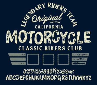 Motosiklet kulübü logo tasarımları. Dekoratif yazı tipi. Harfler, Sayılar ve Semboller. Vektör İllüstrasyonu.