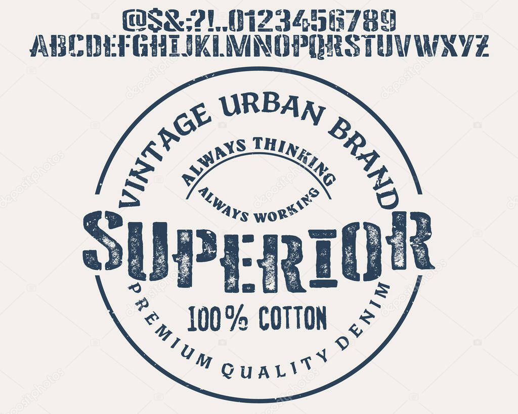 Vector illustration on a theme of American jeans, denim and raw. Vintage design. Typography, t-shirt graphics, print, poster, banner, flyer, postcard. Handmade Vintage Font