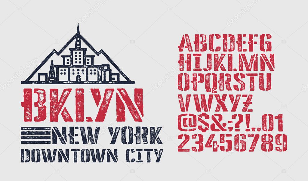 Vector illustration on the theme of denim, raw and jeans in New York City. Vintage design. Grunge background. Typography, t-shirt graphics, print, poster, banner, flyer, postcard.Handmade Vintage Font for labels