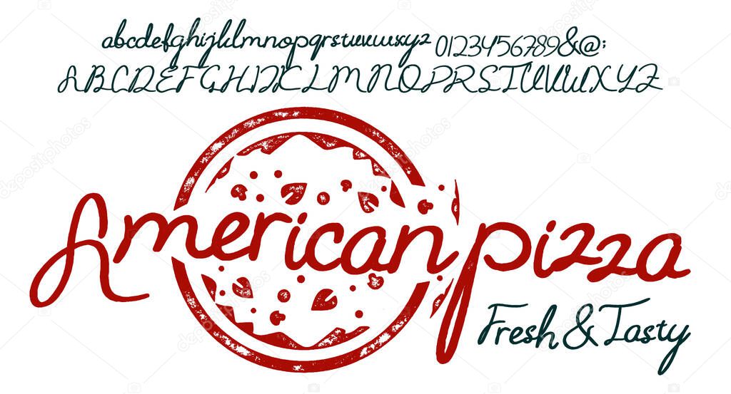 Pizza Font alphabet hand Drawn. Letters, Numbers and Symbols. Vector Illustration.