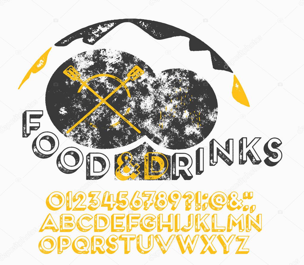 Hand drawn vintage retro font. Outdoor advertising of American restaurants and eateries inspired typeface. Textured unique brush script style alphabet. Letters and numbers. Vector Illustration