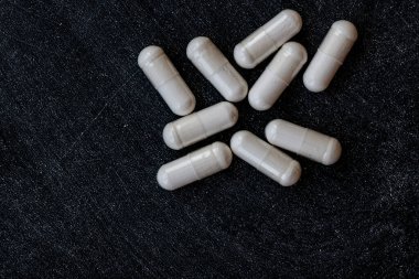 Inositol kapsüllerine yakın çekim. Beslenme konsepti. diyet takviyesi üst görünümü.