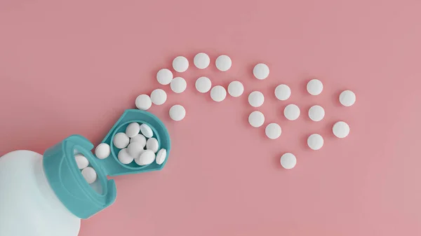 Kavanozdan çıkan melatonin tabletlerinin üst görüntüsü. Beslenme konsepti. Beslenme takviyesi yakın plan