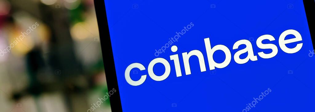 Editorial banner on Coinbase theme.  Illustrative photo for news about Coinbase - a company that operates a cryptocurrency exchange platform
