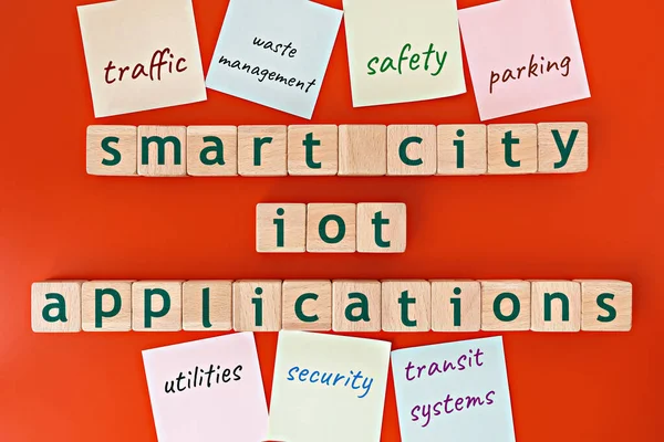 Smart City Iot Internet Věcí Aplikace Model Dřevěné Kostky Slovy Stock Fotografie