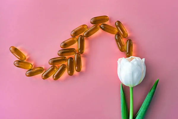 Vista Superior Omega Cápsulas Softgel Tulipa Branca Sobre Fundo Rosa — Fotografia de Stock