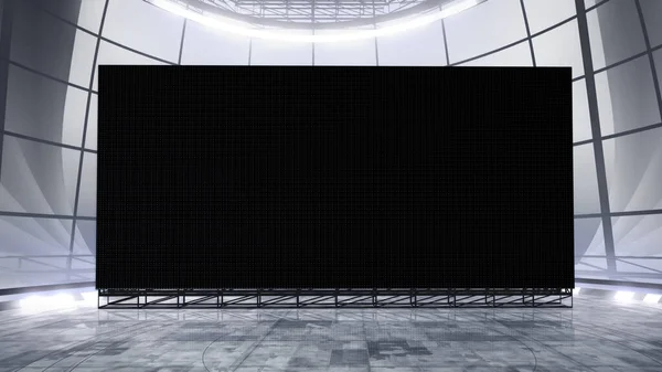 Virtual studio background with a big empty videowall display ideal for tv shows, commercials or events. Suitable on VR tracking system stage sets, with green screen. (3D rendering)