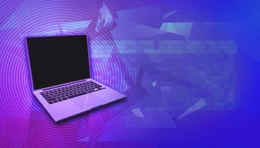 Teknoloji reklam şablonu, soyut bir arka planda boş bir ekran bilgisayarı. Sosyal medyada kendi web sitenizi tanıtmak için asgari teknoloji şablonu (3D görüntüleme))