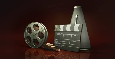 Parlak 3D illüstrasyon film konsepti, makaralı bir teyp, bir klip tahtası ve bir yönetmenin klasik megafonu..