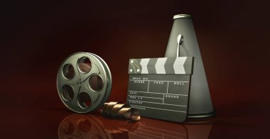 Shiny 3D illustration movies concept with a reel tape, a clapperboard and a director's vintage megaphone. clipart