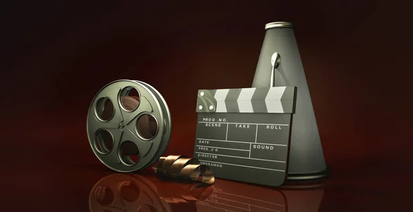 Shiny 3D illustration movies concept with a reel tape, a clapperboard and a director's vintage megaphone.