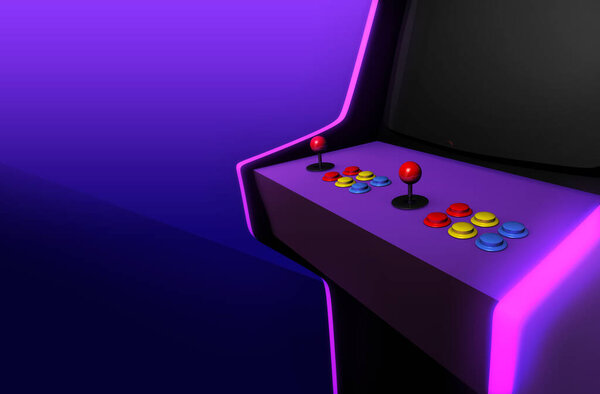 3D render retro gaming concept. Close up to the joysticks of an old fashioned arcade gaming machine cabinet