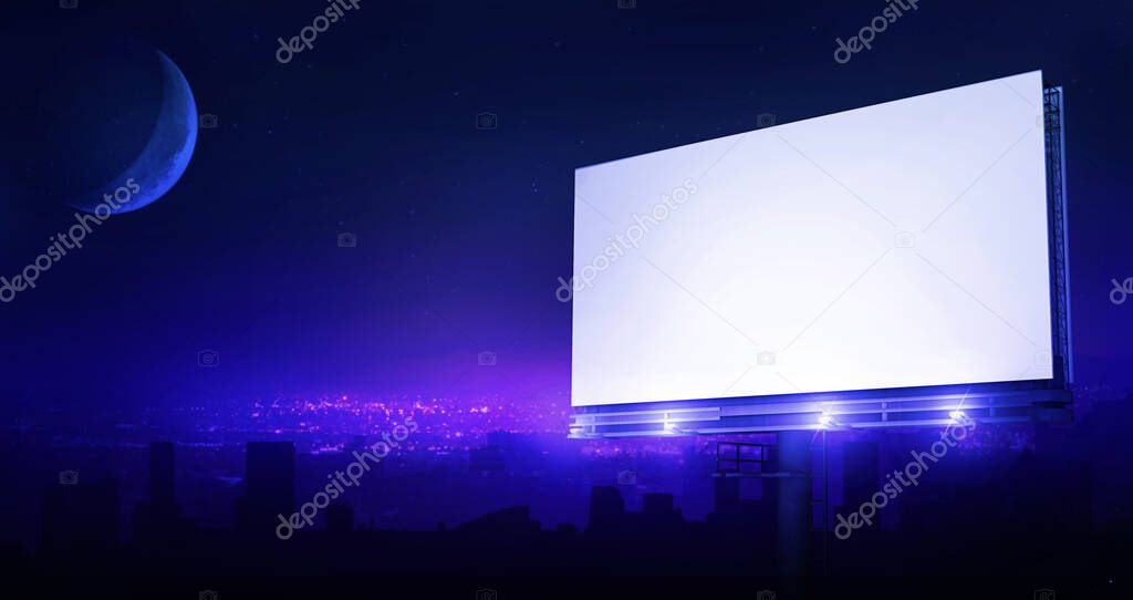 Empty billboard on a retro blue night, graphic design city. A 3D rendering advertising template concept