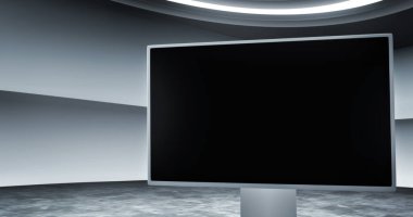 Boş ekran monitörlü sanal arkaplan dizisi. Sanal izleme sistemi setleri için ideal, yeşil ekranlı, gerçekçi bir 3D görüntüleme