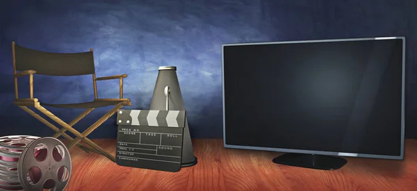 Video Vyžádání Reklamní Šablony Prázdnou Televizí Židle Příslušenství Režiséra Koncept — Stock fotografie
