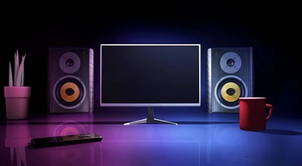 a multimedia 3D render mockup with an empty lcd screen and audio monitors
