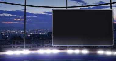 Endüstriyel televizyon arkaplanı ve boş bir ekran. Sanal izleme sistemi için ideal, yeşil ekranlı. (3D görüntüleme)