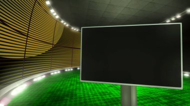 TV monitörlü sanal set arkaplanı. TV programları, reklamlar veya ürün sunumları için 3 boyutlu bir VR sunumu ideal