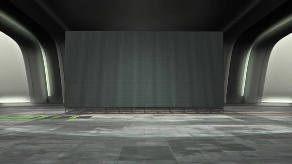 dark futuristic Virtual studio background with a big empty videowall display, ideal for tv shows or scientific events. A 3D rendering, suitable on VR tracking system stage sets, with green screen