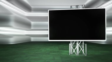 Televizyon programları, reklamlar ya da etkinlikler için ideal monitörlü gelecekteki sanal stüdyo arkaplanı. Gerçekçi bir 3D görüntüleyici, yeşil ekranlı VR izleme sistemi setleri için idealdir