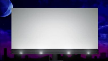 Retro bulutlu bir gecede boş bir reklam panosunun ön görüntüsü, grafik tasarım şehri. Kusursuz bir 3D döngü, reklamcılık şablonu kavramı