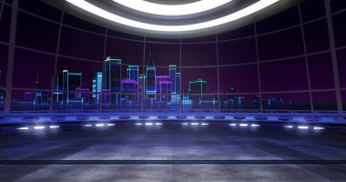 Yeni retro dalga sanal sahne arkaplanı. Televizyon programları, sunumlar ya da etkinlikler için ideal. Yeşil ekranlı, VR izleme sisteminde uygun bir 3D görüntüleme