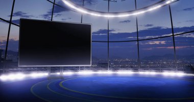 Endüstriyel TV stüdyo arkaplanını boş ekranla gösteriyor. Sanal izleme sistemi için ideal, yeşil ekranlı. (3D görüntüleme)