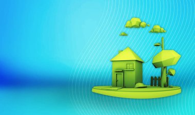 Colorful minimal house backdrop template. A 3D render with copy space to add your own text