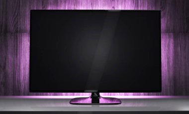 Akıllı TV tam kare maketi boş ekran ile, bir ev sinemasının gösterişli grunge duvarının önünde. Ürünlerinizi veya yayın servisinizi tanıtmak için kopyalama alanı olan üç boyutlu bir illüstrasyon şablonu