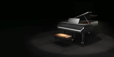 Koyu 3D illüstrasyon müzik konsepti sahnesi, kuyruklu piyano, metin için kopyalama alanı