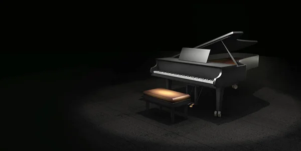 Dark 3D illustration music concept scene with a grand piano, with copy space for text