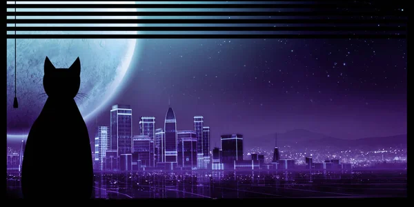 A fantasy new retro wave city night, concept. Cat watching the city view with a big full moon, out of the window. An futuristic 3d illustration background, ideal for posters or relaxing music videos