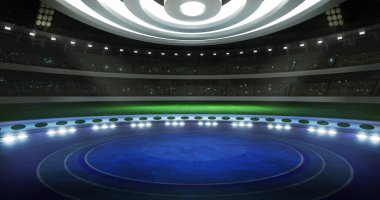 Futbol etkinliği, sanal gösteri arka planı. 3D sahne arkası konsepti, futbol haberleri, canlı TV programları ya da spor ürünü reklamları için ideal. Yeşil ekranlı, VR izleme sisteminde uygun bir 3D görüntüleme şablonu