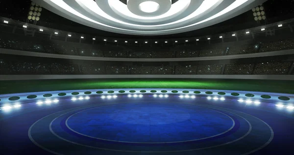 サッカーイベント バーチャルショーの背景 3Dコンセプトステージ背景 サッカーニュースに最適 ライブテレビ番組 またはスポーツ製品のコマーシャル 緑の画面で Vrトラッキングシステムセットに適した3Dレンダリングテンプレート — ストック写真