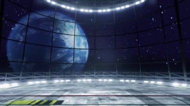 Virtual studio set on outer space. Ideal for news tv shows, for scientific events. A seamless loop, suitable on VR tracking system sets, with green screen