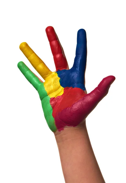 Mãos de criança pintadas com aquarelas — Fotografia de Stock