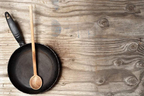 Old frying pan and spoon — Stock Photo, Image