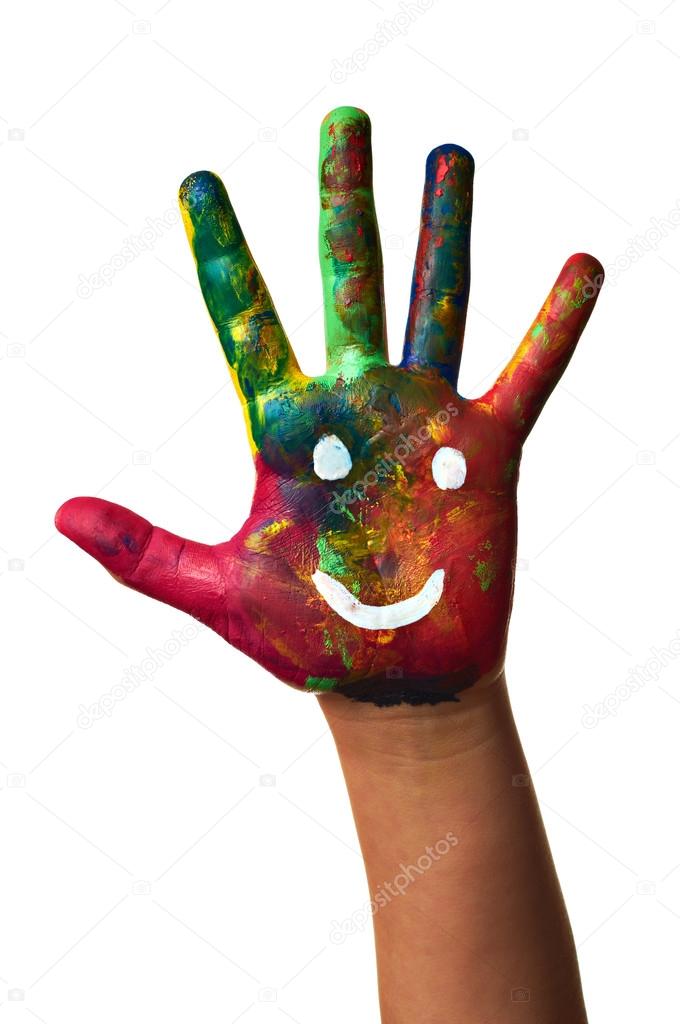 Child hands painted with watercolors