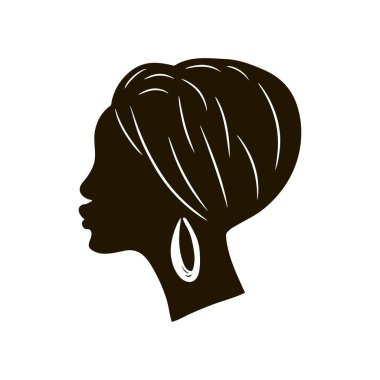 Afrikalı kadın, siluet. Beyaz arkaplanda izole edilmiş vektör illüstrasyonu. 