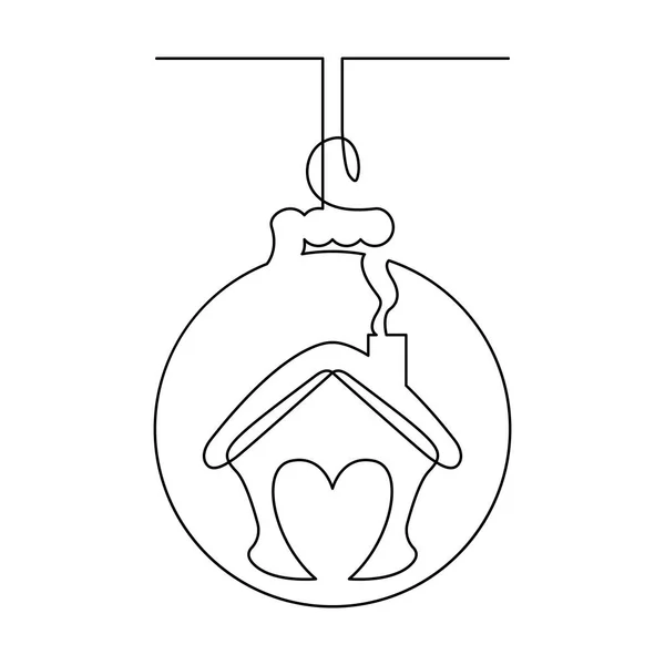 圣诞装饰球与房子的图案 连续的线条 在白色背景上孤立的矢量图解 — 图库矢量图片