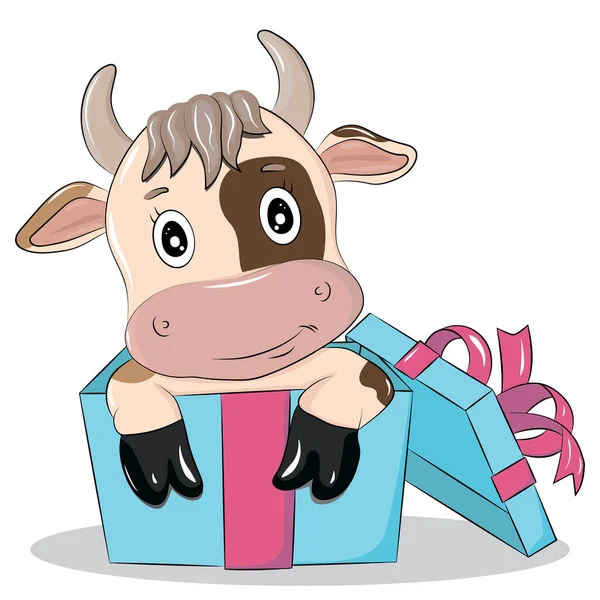 Cute Cartoon Cow Gift Box Vector Illustration Isolated White Background — Stock Vector