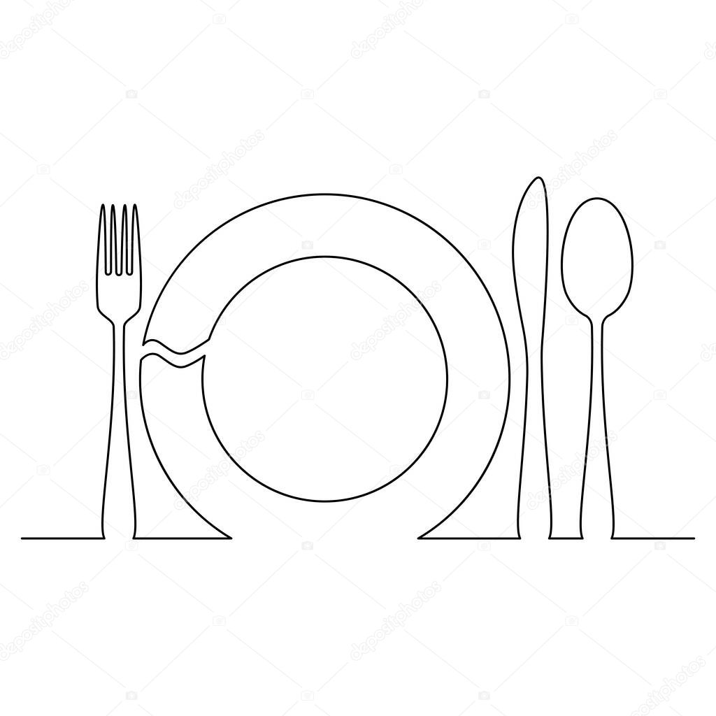 Plate, spoon, khife and fork, continuous line. Vector illustration, isolated on a white background.
