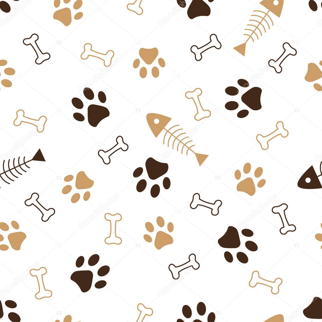 Seamless pattern of animals paws, bones and fish skeleton. Vector illustration on a white background.