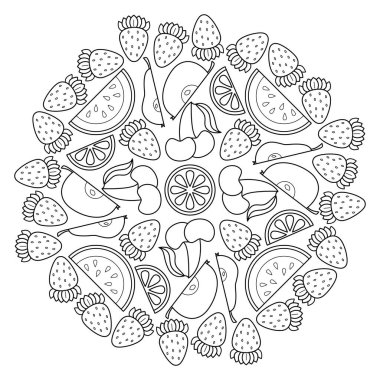 Mandala şeklinde dairesel meyve deseni. Vektör çizimi. Boyama kitabı sayfası.